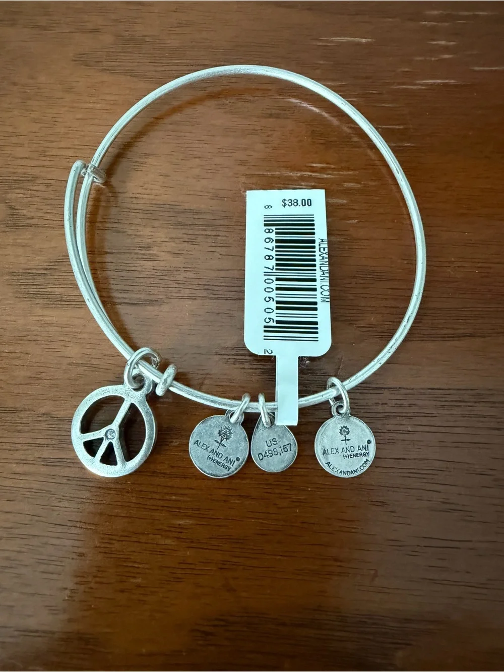 NWT - Alex and Ani Silver Tone Peace Sign Charm Bangle